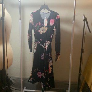 Levaca Women's Black Floral Long Sleeve Belted Midi Dress Medium NWT